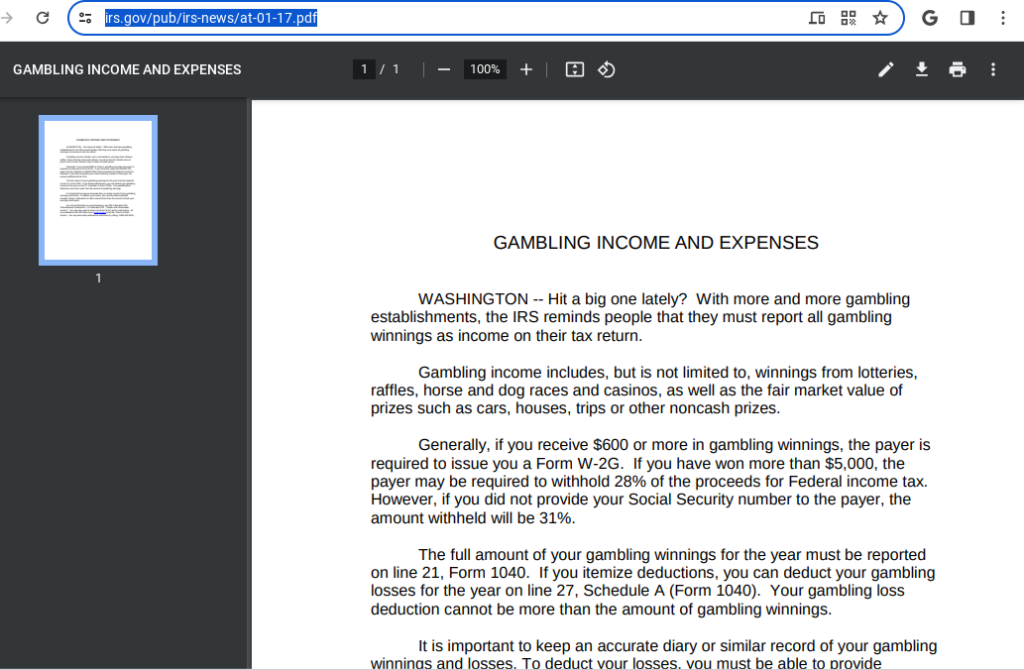 IRS.GOV: Gambling Income and Expenses