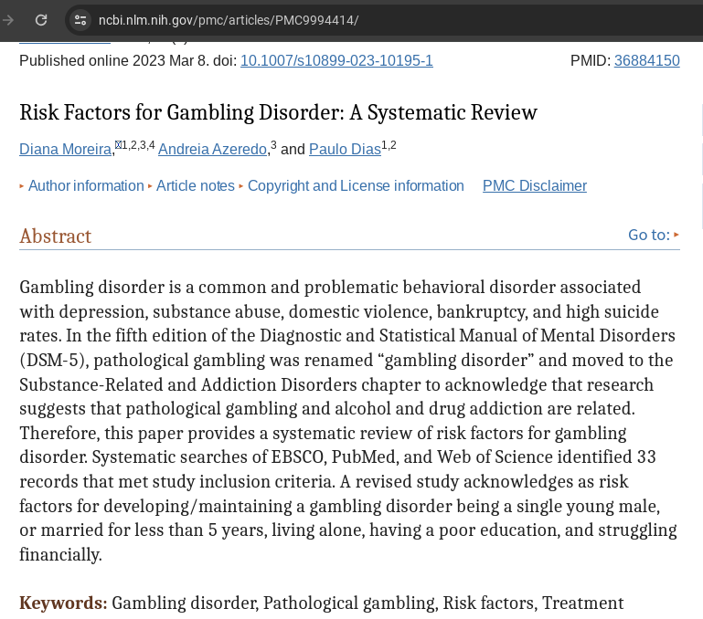 NIH.GOV risk factors for a gambling disorder