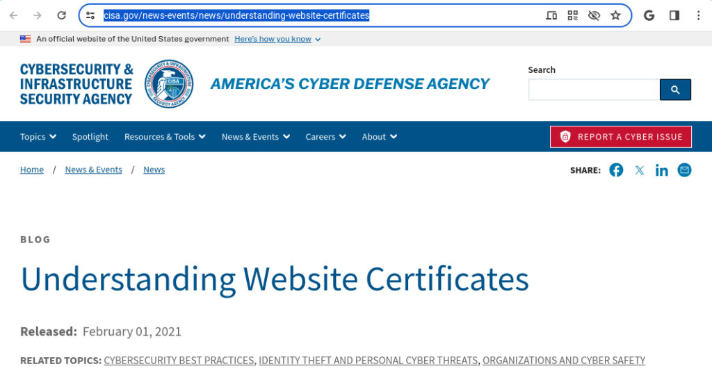 CISA.GOV: Understanding Website Certificates